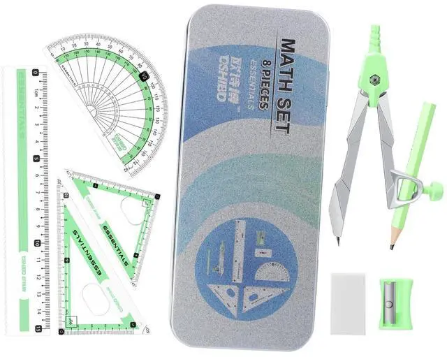 Main image of Compass Geometry Tool 9 Pcs Protractor and Compass Set Geometry Set Drawing Compass with Shatterproof Storage Box Includes Rulers Protractor Compass Eraser Pencil Sharpener Green