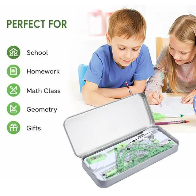 Alt view image 3 of 7 - Compass Geometry Tool 9 Pcs Protractor and Compass Set Geometry Set Drawing Compass with Shatterproof Storage Box Includes Rulers Protractor Compass Eraser Pencil Sharpener Green