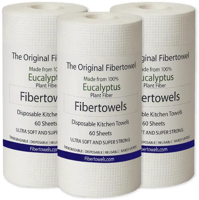 Main image of 3 Pack Fibertowels Disposable Kitchen Towels Rolls XL 12" x 10", Ultrasoft & Super Strong, Eucalyptus Plant-Based Highly Absorbent Kitchen & Bathroom Cleaning Sheets 180ct