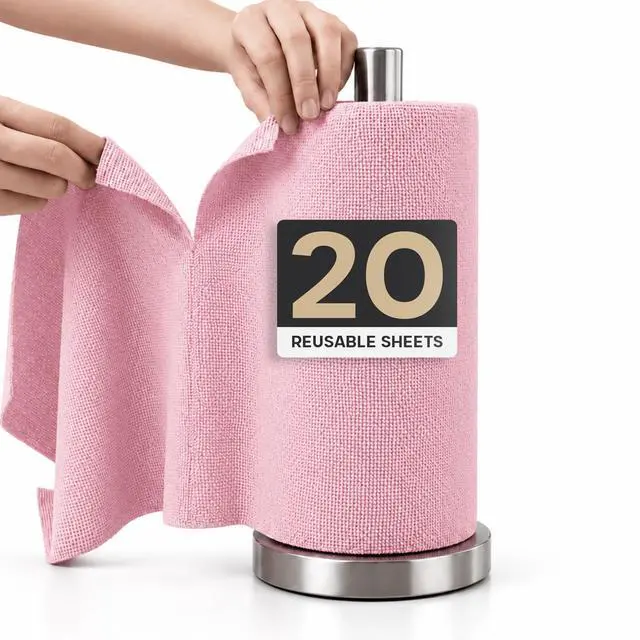 Main image of Microfiber Cleaning Cloth Roll 20 Sheets 11" x 10" Tear Away Microfiber Towel Roll Reusable Paper Towels Washable Ultra Absorbent Lint-Free Cleaning Cloths for Kitchen, Car and Home Use, Pink