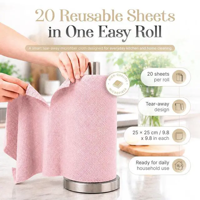 Alt view image 2 of 7 - Microfiber Cleaning Cloth Roll 20 Sheets 11" x 10" Tear Away Microfiber Towel Roll Reusable Paper Towels Washable Ultra Absorbent Lint-Free Cleaning Cloths for Kitchen, Car and Home Use, Pink