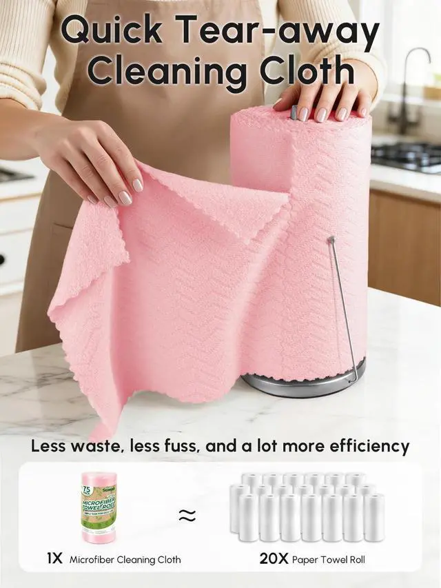 Alt view image 2 of 7 - Microfiber Cleaning Cloths Roll, 75 Pack Tear Away Microfiber Towels Roll, 12" x 12" Lint Free Rags, Reusable Cleaning Cloths, Washable, Scratch Free,Ultra Absorbent Dish Rags(Pink Ripple)