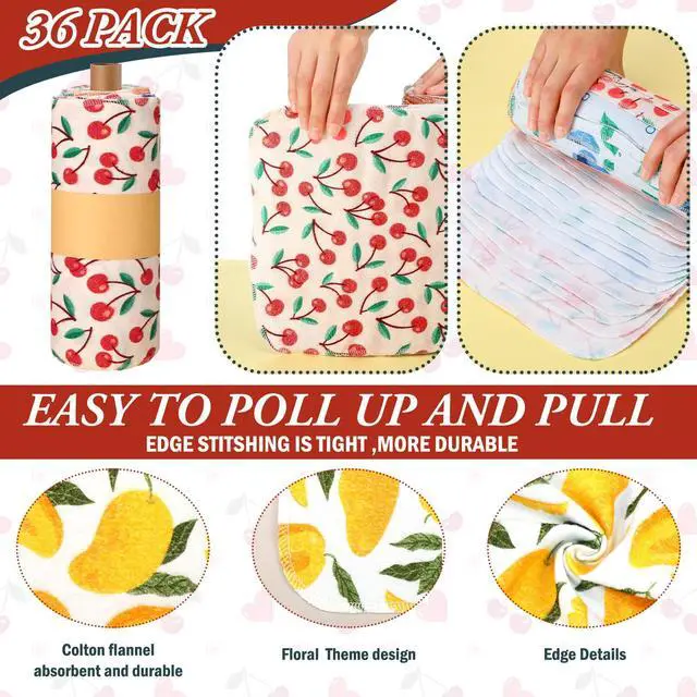 Alt view image 5 of 7 - 30 Pcs Reusable Paper Towels Rolls Towels Bulk Kitchen Washable Paperless Cloth Cotton Hand Napkins with Cardboard Reusable Napkins for Kitchen Bathroom (Fruit Design)