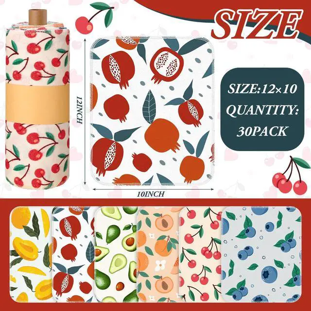 Alt view image 2 of 7 - 30 Pcs Reusable Paper Towels Rolls Towels Bulk Kitchen Washable Paperless Cloth Cotton Hand Napkins with Cardboard Reusable Napkins for Kitchen Bathroom (Fruit Design)