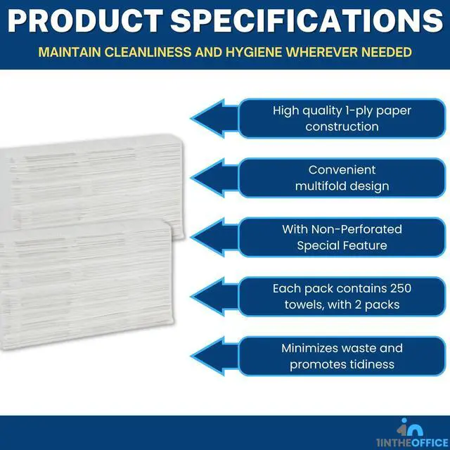 Alt view image 6 of 6 - Multifold Paper Towels, Paper Hand Towels for Bathroom, Folded Paper Towels, 1-Ply, 9" x 9.45", 250 Towels/Pack, 2 Pack