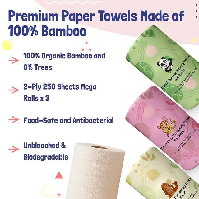 Alt view image 4 of 7 - Bamboo Paper Towels | 2-Ply, 3 Rolls, 250 Sheets per Roll | Gentle for Sensitive Skin & Daily Cleaning Tasks