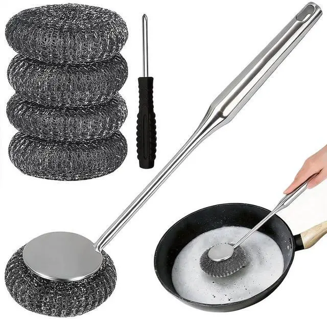 Main image of 6Pcs Steel Wool Scrubber with Long Handle - Stainless Steel Scrub Brush Set for Scouring Stubborn Messes from Cast Iron, Pots & Pans, BBQ Grill, Sink (1 Scrubber + 4 Pads + 1 Screwdriver)