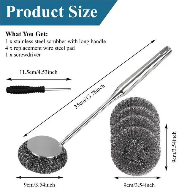 Alt view image 2 of 7 - 6Pcs Steel Wool Scrubber with Long Handle - Stainless Steel Scrub Brush Set for Scouring Stubborn Messes from Cast Iron, Pots & Pans, BBQ Grill, Sink (1 Scrubber + 4 Pads + 1 Screwdriver)