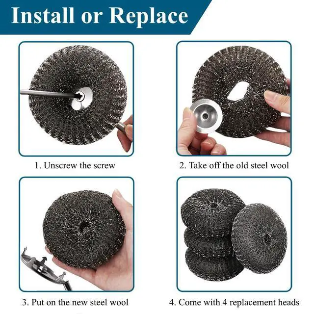 Alt view image 4 of 7 - 6Pcs Steel Wool Scrubber with Long Handle - Stainless Steel Scrub Brush Set for Scouring Stubborn Messes from Cast Iron, Pots & Pans, BBQ Grill, Sink (1 Scrubber + 4 Pads + 1 Screwdriver)