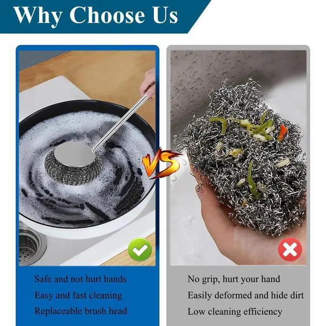 Alt view image 5 of 7 - 6Pcs Steel Wool Scrubber with Long Handle - Stainless Steel Scrub Brush Set for Scouring Stubborn Messes from Cast Iron, Pots & Pans, BBQ Grill, Sink (1 Scrubber + 4 Pads + 1 Screwdriver)