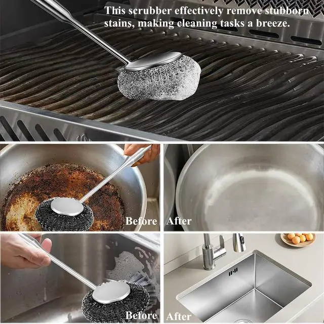 Alt view image 6 of 7 - 6Pcs Steel Wool Scrubber with Long Handle - Stainless Steel Scrub Brush Set for Scouring Stubborn Messes from Cast Iron, Pots & Pans, BBQ Grill, Sink (1 Scrubber + 4 Pads + 1 Screwdriver)