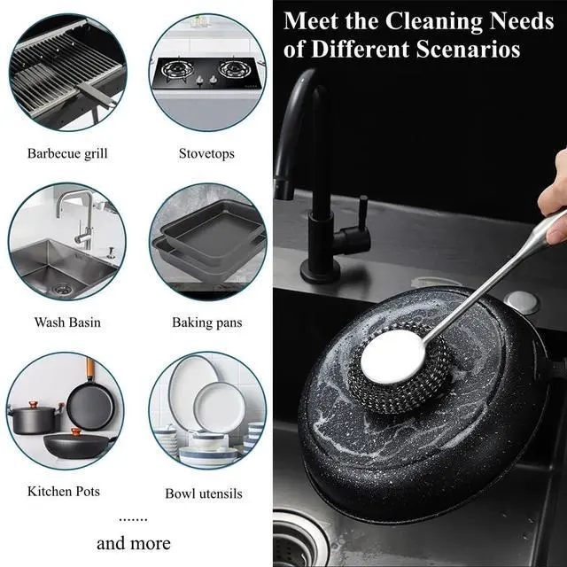 Alt view image 7 of 7 - 6Pcs Steel Wool Scrubber with Long Handle - Stainless Steel Scrub Brush Set for Scouring Stubborn Messes from Cast Iron, Pots & Pans, BBQ Grill, Sink (1 Scrubber + 4 Pads + 1 Screwdriver)