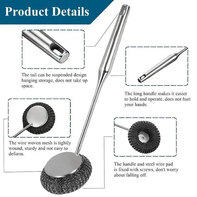 Alt view image 3 of 7 - 6Pcs Steel Wool Scrubber with Long Handle - Stainless Steel Scrub Brush Set for Scouring Stubborn Messes from Cast Iron, Pots & Pans, BBQ Grill, Sink (1 Scrubber + 4 Pads + 1 Screwdriver)