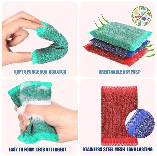 Alt view image 4 of 7 - Steel Wool Scrub Sponges for Kitchen, 16 Pack Non-Scratch Dish Sponges Multipurpose Cleaning Scrubbers for Dishes, Pots, Pans and Hard Stains, Color Random