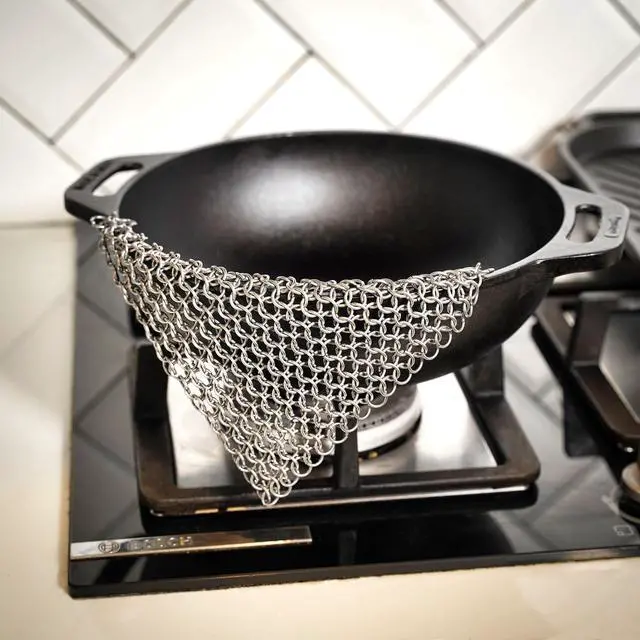 Alt view image 6 of 7 - Chainmail Scrubber Cleaner 7.8" x 7.8" Premium 316L Stainless Steel Scrubber for Cast iron Pots,Pan, BBQ Grill, Wok and All Kitchenware Items - Stainless Steel