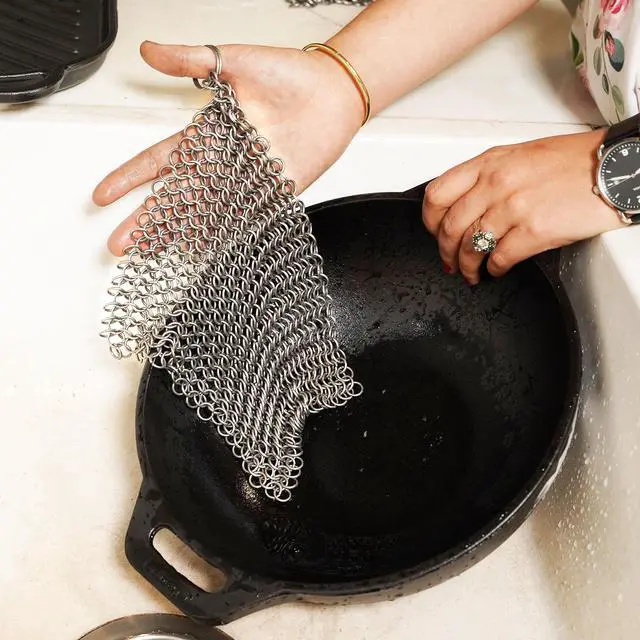 Alt view image 5 of 7 - Chainmail Scrubber Cleaner 7.8" x 7.8" Premium 316L Stainless Steel Scrubber for Cast iron Pots,Pan, BBQ Grill, Wok and All Kitchenware Items - Stainless Steel