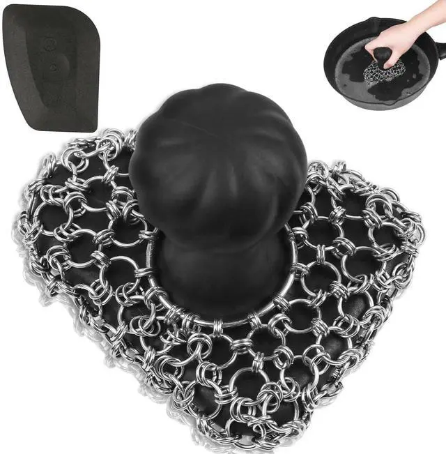Main image of Cast Iron Scrubber with Handle 316 Dish Cast Cleaner Chainmail Scrubber for Pan Skillet Iron Scrub Brush Steel Wool Scrubber Cleaning Kit (1 Scrub + 1 Scraper)
