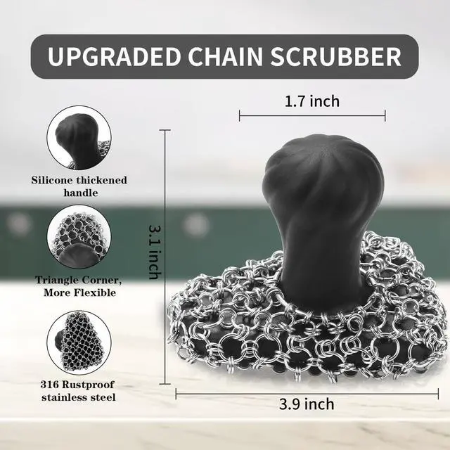 Alt view image 3 of 6 - Cast Iron Scrubber with Handle 316 Dish Cast Cleaner Chainmail Scrubber for Pan Skillet Iron Scrub Brush Steel Wool Scrubber Cleaning Kit (1 Scrub + 1 Scraper)