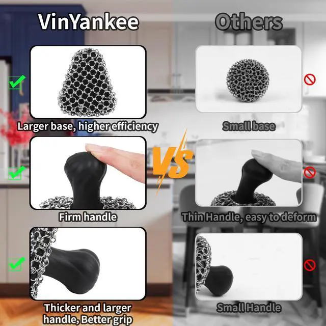 Alt view image 4 of 6 - Cast Iron Scrubber with Handle 316 Dish Cast Cleaner Chainmail Scrubber for Pan Skillet Iron Scrub Brush Steel Wool Scrubber Cleaning Kit (1 Scrub + 1 Scraper)