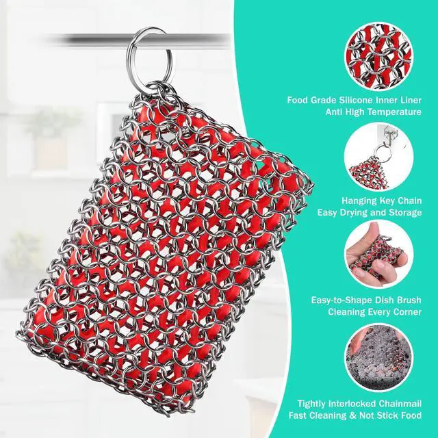 Alt view image 4 of 7 - Cast Iron Scrubber, Chainmail Scrubber with Silicone Core, Premium Chainmail Scrubber Sponge for Skillet, Pan, Dutch Oven