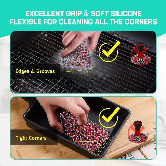 Alt view image 5 of 7 - Cast Iron Scrubber, Chainmail Scrubber with Silicone Core, Premium Chainmail Scrubber Sponge for Skillet, Pan, Dutch Oven