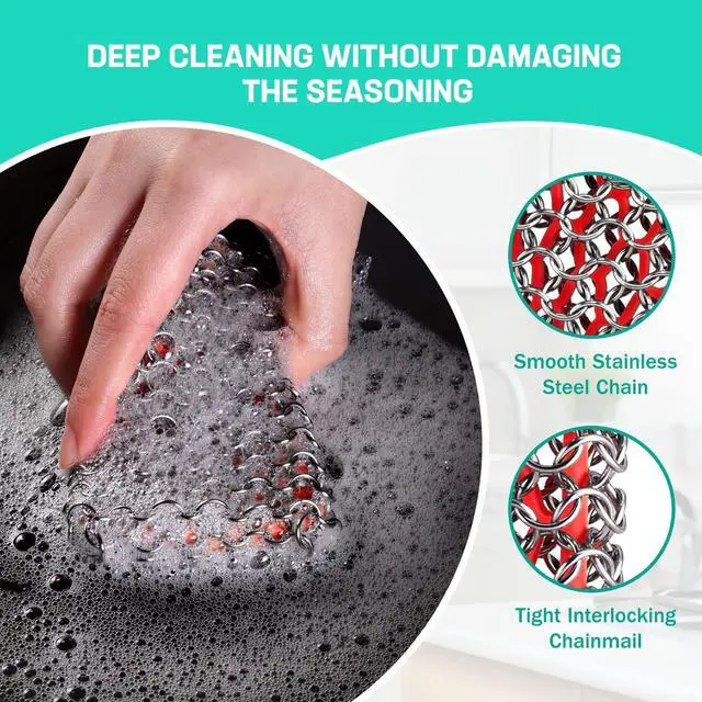 Alt view image 3 of 7 - Cast Iron Scrubber, Chainmail Scrubber with Silicone Core, Premium Chainmail Scrubber Sponge for Skillet, Pan, Dutch Oven