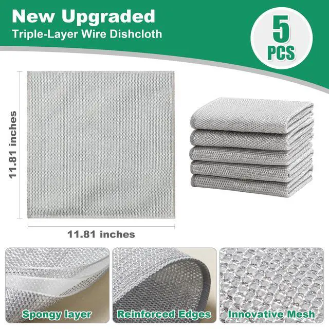 Alt view image 2 of 7 - Multipurpose Non-Scratch Silver Fiber Dishwashing Cloths, Reusable Cleaning Rags, Scrubbing Pads for Dishes, Glass, Stainless Steel - 5 Pack