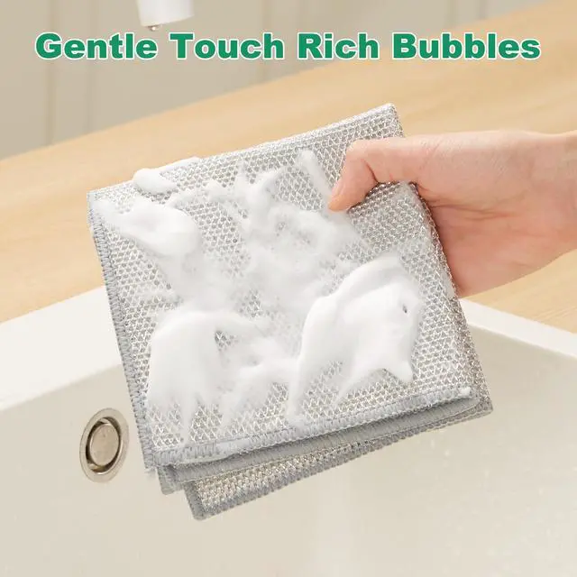 Alt view image 7 of 7 - Multipurpose Non-Scratch Silver Fiber Dishwashing Cloths, Reusable Cleaning Rags, Scrubbing Pads for Dishes, Glass, Stainless Steel - 5 Pack