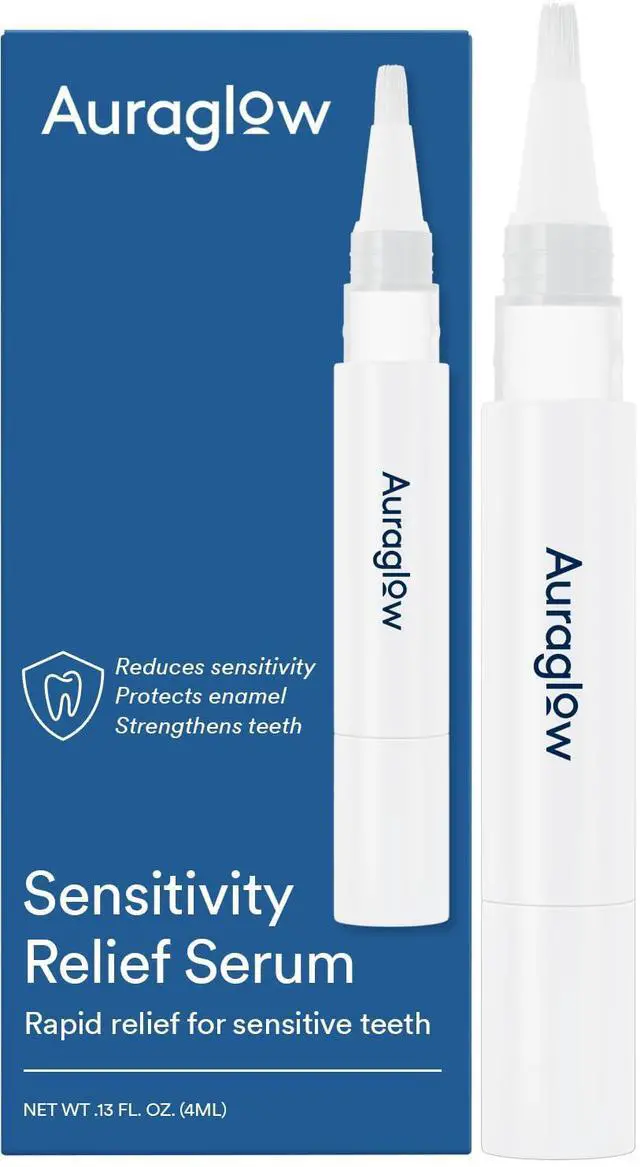 Main image of Auraglow Sensitive Teeth Relief Serum Gel, Reduces Tooth Sensitivity with Potassium Nitrate and Nano Hydroxyapatite, Remineralization Gel, Strengthens Teeth & Protects Enamel, 40+ Treatments, 4ml