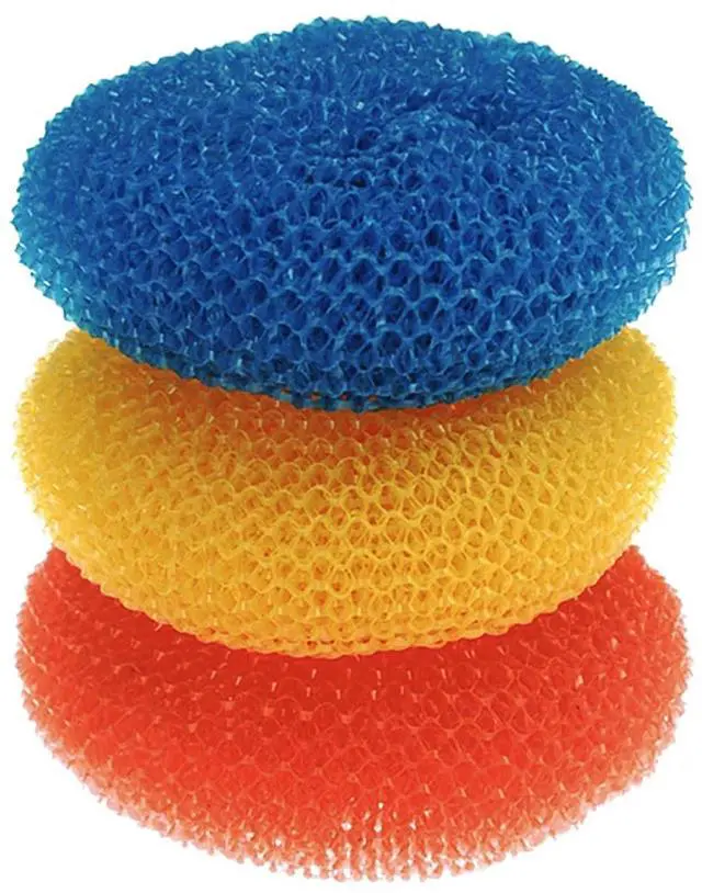 Main image of Plastic Mesh Scouring Pads - 3 Pack, 3.375" x 1.25", Non-Scratch Scrubbers to Clean Dishes, Assorted Colors - 1 Red, 1 Blue & 1 Yellow