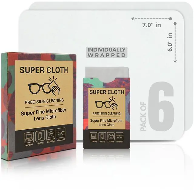 Main image of Super-Cloth Glasses Cleaning Cloths (6-Pack) Premium Microfiber Lens Cleaning Cloth for Eyeglasses, Sunglasses, Camera Lenses, Screens & VR Headsets, Lint-Free, Scratch-Safe, Washable & Reusable