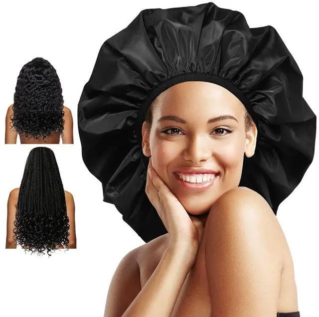 Main image of Extra Large Shower Cap, Double-Layer Waterproof Reusable, XL Satin Lining Shower Bonnet for Women Thick, Long Hair, Locs, Braids(Black)