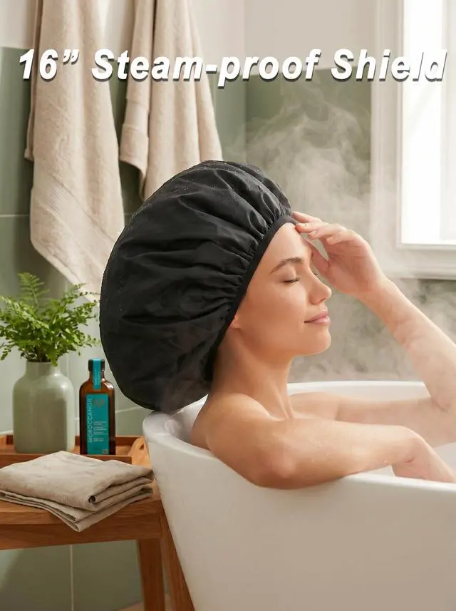 Alt view image 2 of 7 - Extra Large Shower Cap, Double-Layer Waterproof Reusable, XL Satin Lining Shower Bonnet for Women Thick, Long Hair, Locs, Braids(Black)