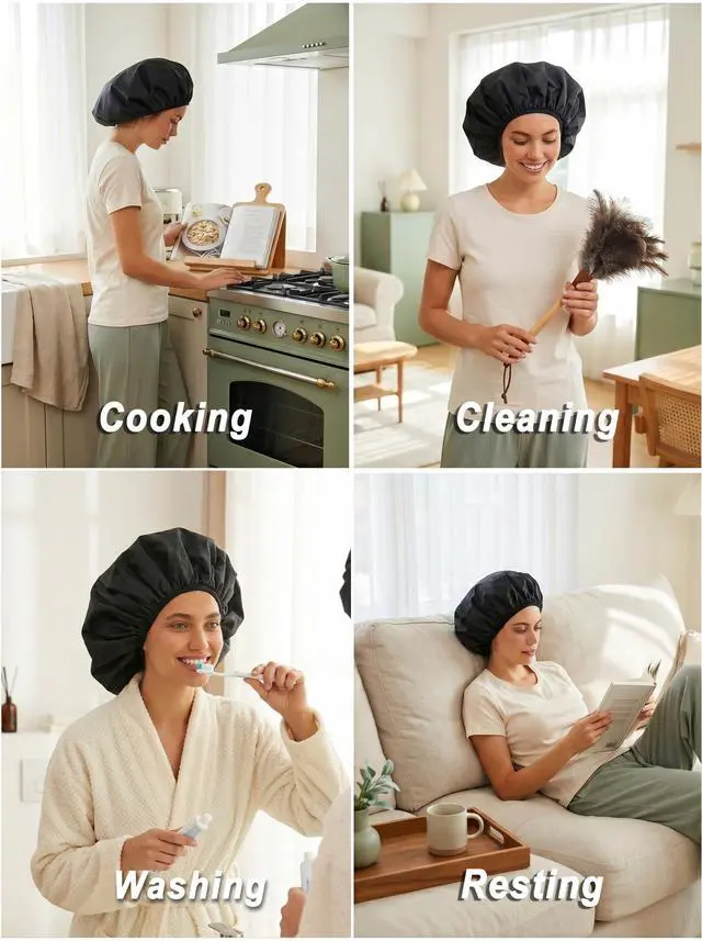 Alt view image 7 of 7 - Extra Large Shower Cap, Double-Layer Waterproof Reusable, XL Satin Lining Shower Bonnet for Women Thick, Long Hair, Locs, Braids(Black)