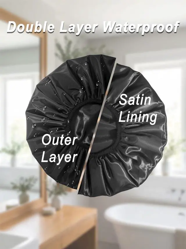 Alt view image 6 of 7 - Extra Large Shower Cap, Double-Layer Waterproof Reusable, XL Satin Lining Shower Bonnet for Women Thick, Long Hair, Locs, Braids(Black)