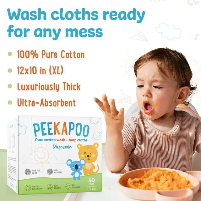 Alt view image 3 of 5 - Disposable Cotton Wash Cloths (50 Pack), Biodegradable, Soft, Thick, Baby Burp Cloths, Unscented, Hypoallergenic Burping Cloth, Sensitive Skin