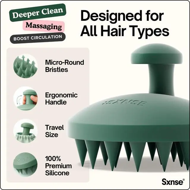 Alt view image 2 of 7 - Revive Silicone Scalp Massager, Forest - Manual Hair & Scalp Scrubber for Dandruff, Buildup, Itch, & Hair Growth - Soft Exfoliating Silicone Bristles for Wet & Dry Hair, Flake-Free Finish