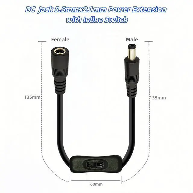 Alt view image 2 of 6 - DC Jack 5.5mmx2.1mm Power Extension 18AWG with Inline On/Off Switch Button Cable Cord Adapter Male to Female Connector for LED Strip CCTV Security Camera (2 Pack)