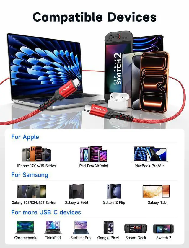 Alt view image 5 of 6 - JSAUX 100W USB C to USB C Cable, 2-Pack 6.6FT, 5A Fast Charging, Red | USBC Type C Charge Cord Compatible with iPhone 17 17e Air 16 15 Pro Max Samsung Galaxy S25 S24 MacBook iPad Pro Carplay