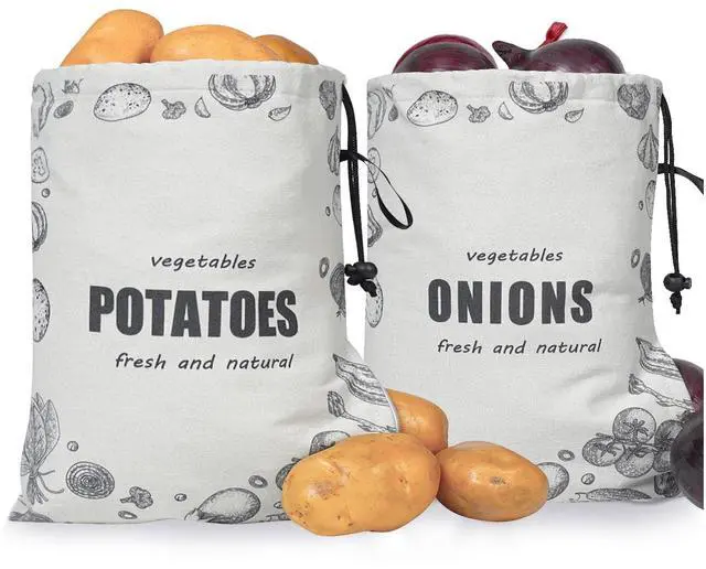Main image of Potato Onion Storage Bag, Washable Canvas Onion and Potato Storage Bag, Drawstring Garlic Onions Potatoes Keeper with Side Zipper for Pantry, Kitchen, Refrigerator (Potato Onion Bag)