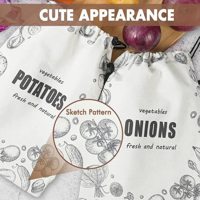 Alt view image 2 of 7 - Potato Onion Storage Bag, Washable Canvas Onion and Potato Storage Bag, Drawstring Garlic Onions Potatoes Keeper with Side Zipper for Pantry, Kitchen, Refrigerator (Potato Onion Bag)