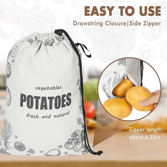 Alt view image 5 of 7 - Potato Onion Storage Bag, Washable Canvas Onion and Potato Storage Bag, Drawstring Garlic Onions Potatoes Keeper with Side Zipper for Pantry, Kitchen, Refrigerator (Potato Onion Bag)