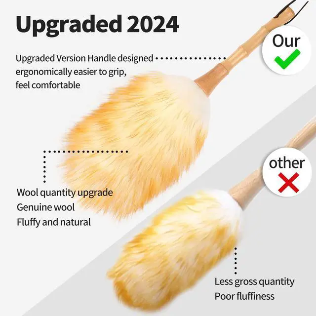 Alt view image 3 of 7 - Feather Duster, Lambswool Duster for Cleaning,with Solid Wooden Handle,Leather Hang Strap,Anti-Static 14.9 inch Washable Reusable Small Hand Duster(Natural) for Office, Home and Car