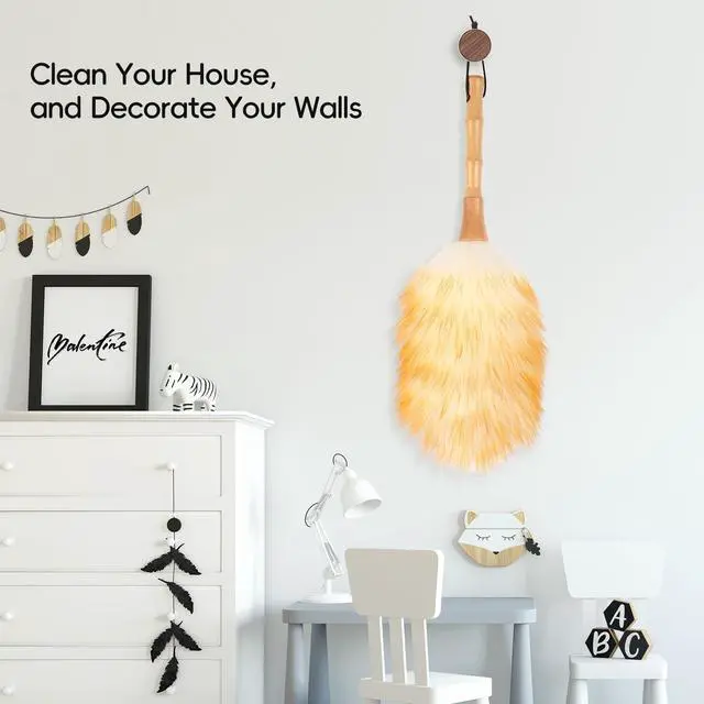 Alt view image 6 of 7 - Feather Duster, Lambswool Duster for Cleaning,with Solid Wooden Handle,Leather Hang Strap,Anti-Static 14.9 inch Washable Reusable Small Hand Duster(Natural) for Office, Home and Car