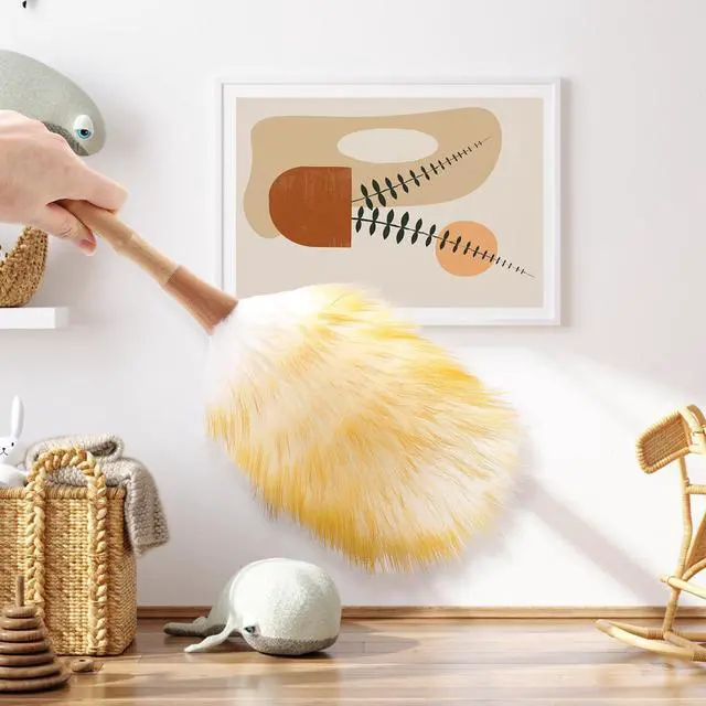 Alt view image 7 of 7 - Feather Duster, Lambswool Duster for Cleaning,with Solid Wooden Handle,Leather Hang Strap,Anti-Static 14.9 inch Washable Reusable Small Hand Duster(Natural) for Office, Home and Car