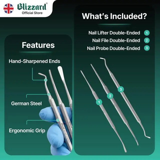 Alt view image 4 of 7 - Premium Blacks File Pedicure Set 3-Piece Ingrown Toenail Kit - Double-Sided Toenail Cleaner, Nail File & Nail Lifter Stainless Steel Podiatry Tools - Professional Foot Care Nail File Set