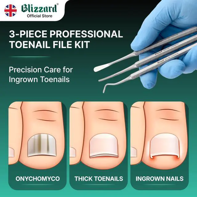 Alt view image 2 of 7 - Premium Blacks File Pedicure Set 3-Piece Ingrown Toenail Kit - Double-Sided Toenail Cleaner, Nail File & Nail Lifter Stainless Steel Podiatry Tools - Professional Foot Care Nail File Set