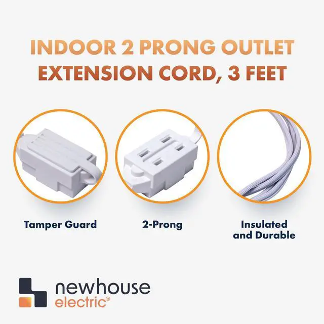 Alt view image 3 of 4 - 3-Foot 2-Prong Indoor Outlet Extension Cord with Tamper Guard CTCORD3FT-WH, Slim Indoor Extension Cord and Cube Tap for Home Essentials, Apartments, and Home Improvement Projects