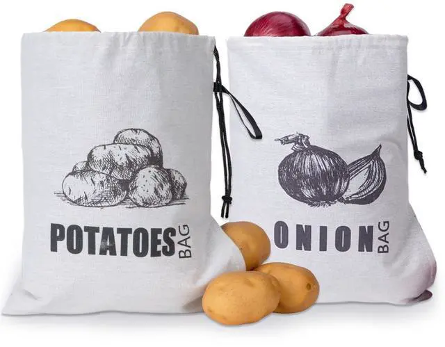 Main image of Potato Onion Storage Bag, Fabric Onion and Potatoes Storage Bag, Washable Garlic Potatoes Onions Keeper with Drawstring for Pantry, 2 Pack (Potato Onion Bag)