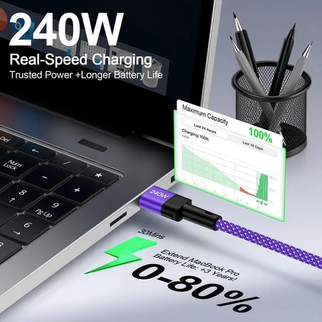 Alt view image 3 of 7 - iPhone 17e 17 Pro Max 240W USB C to USB C Cable, 10FT Fast Charging Type C Charger Cord Nylon Woven USBC Cable for iPhone 17e 17 Air 17 Pro 17 Pro Max 16e 16 Pro 15 iPad MacBook Samsung Galaxy Pixel